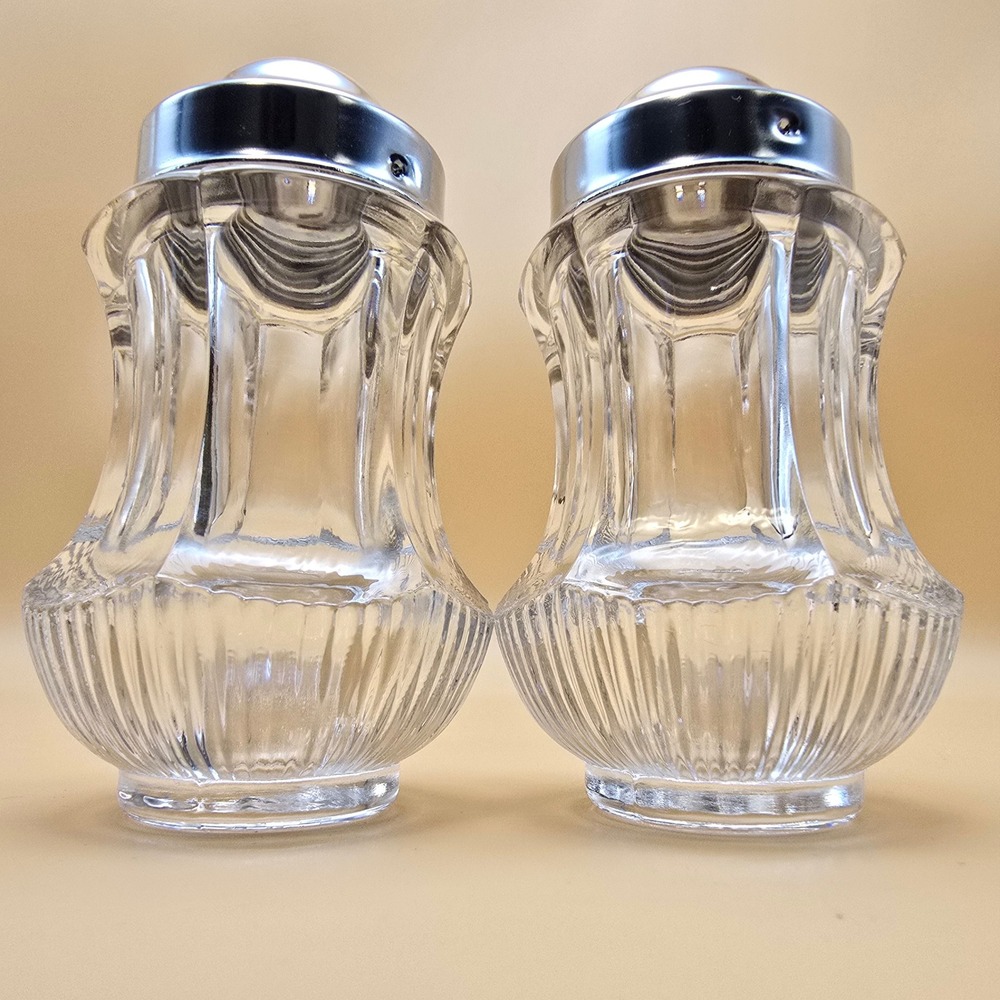 Vintage Clear Glass Salt and Pepper Shakers Set Chrome Lids Ribbed Base 3.5 Inch